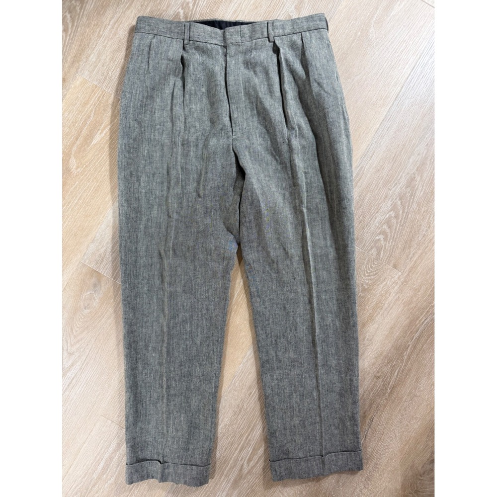 Polo Ralph Lauren Herringbone Pleated Linen Blend Trousers Grey 35 x 30